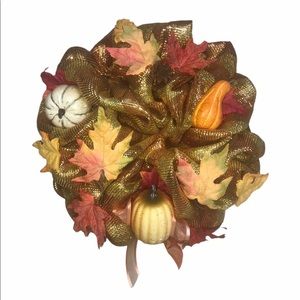 Fall Wreath or Table Centerpiece Autumn Leaves Gourds Holiday Decor Gold Ribbon
